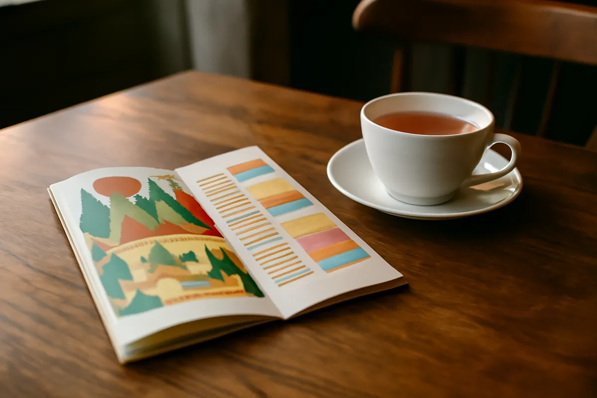 Programme de festival et tasse de thé sur une table de bois dans un café