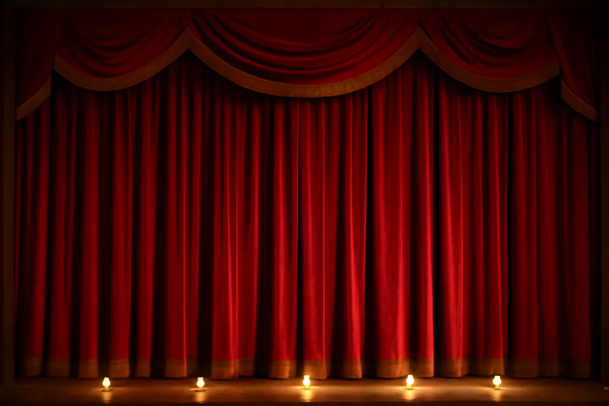 Rideau de théâtre en velours rouge avec glands dorés et rampe de lumière