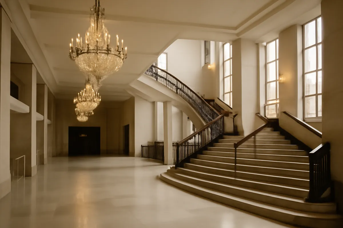 Foyer de salle de concert aux lustres élégants et à l'escalier, vide