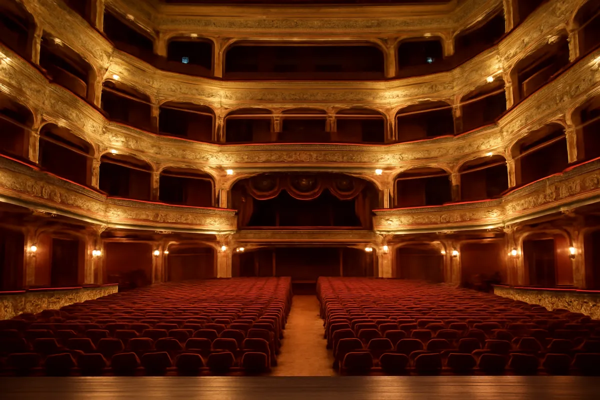 Salle de théâtre rouge et or vue depuis la scène, vide