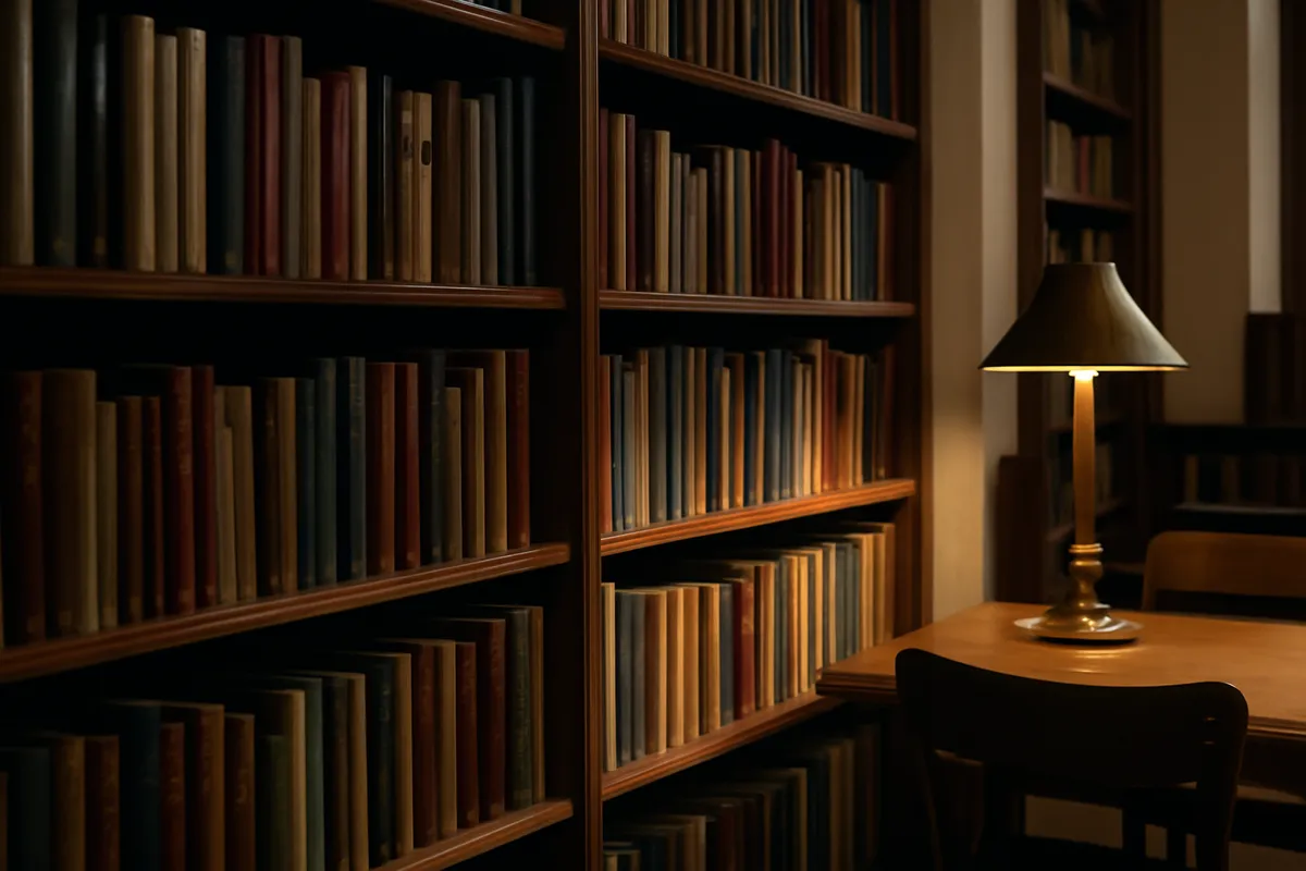 Rayonnages de livres en bois dans une bibliothèque calme avec lampe de lecture