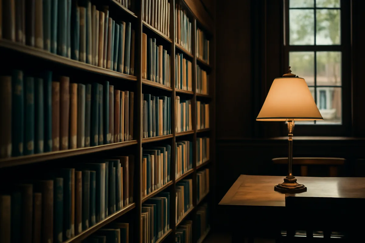Rayonnages de livres en bois dans une bibliothèque calme avec lampe de lecture
