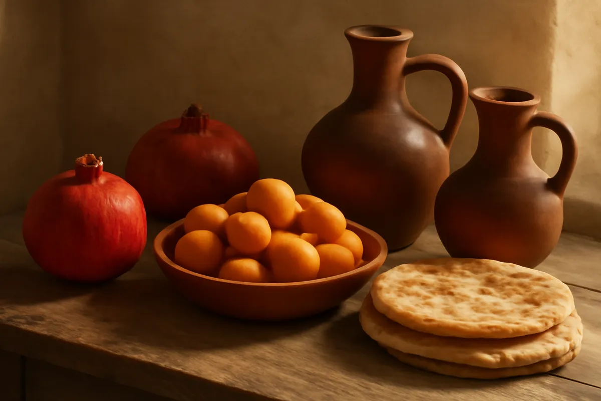 Table de grenades, d'abricots, de pain plat et de vin en cruches d'argile, lumière chaude