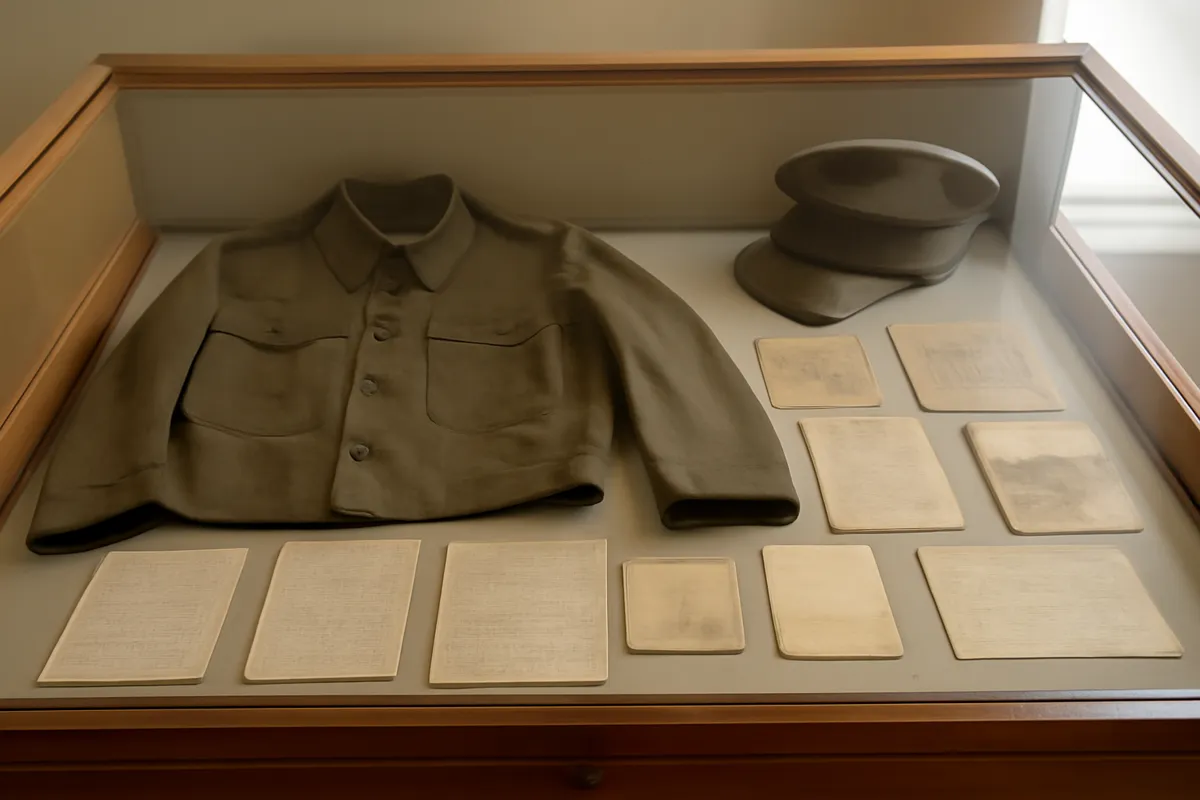 Vitrine de musée avec uniformes anciens et documents historiques