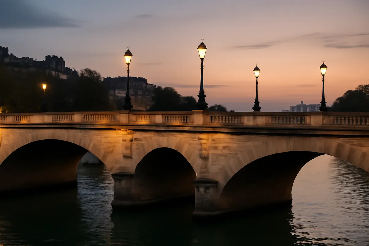 Vieux pont de pierre sur la Seine avec lampadaires au crépuscule