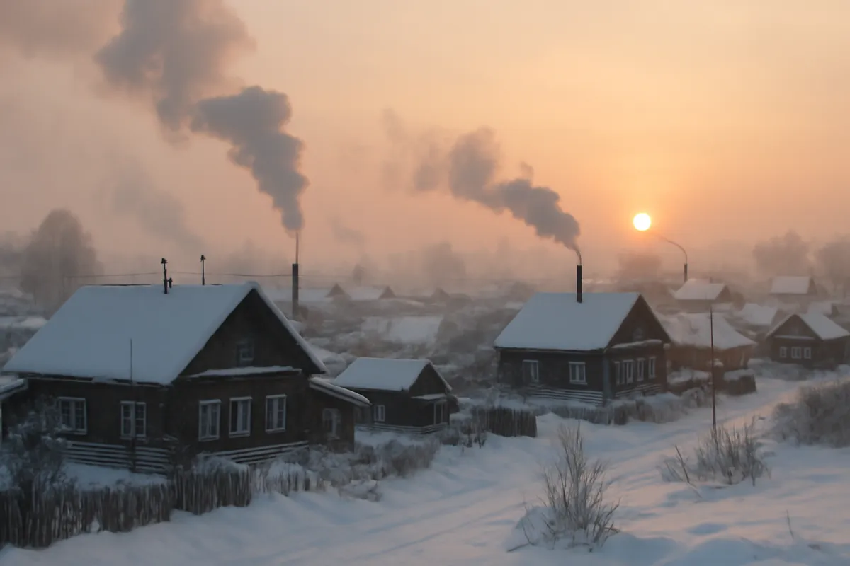 Village russe enneigé aux maisons de bois et aux cheminées fumantes à l'aube