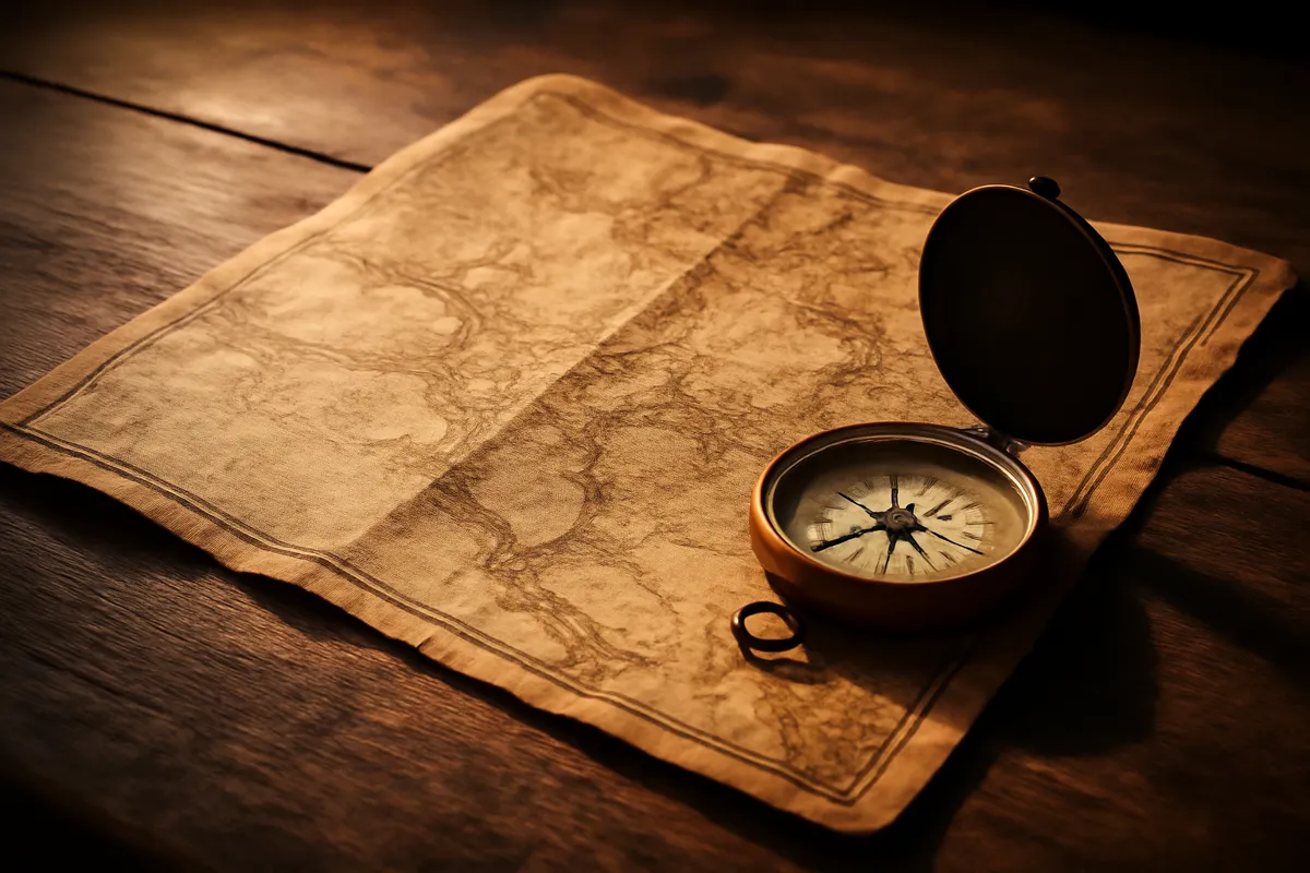 Vieille carte et compas sur une table de bois en lumière chaude
