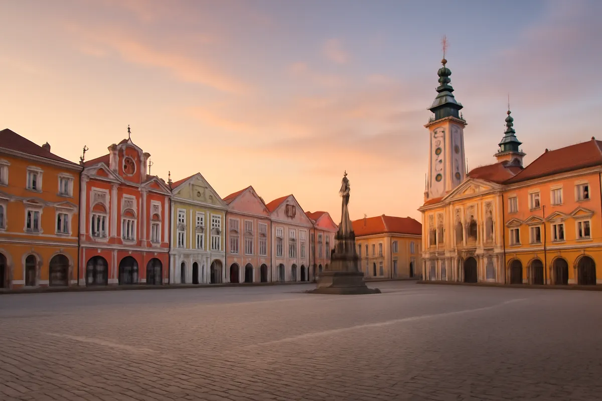 Place baroque d'Europe centrale aux façades colorées à l'aube