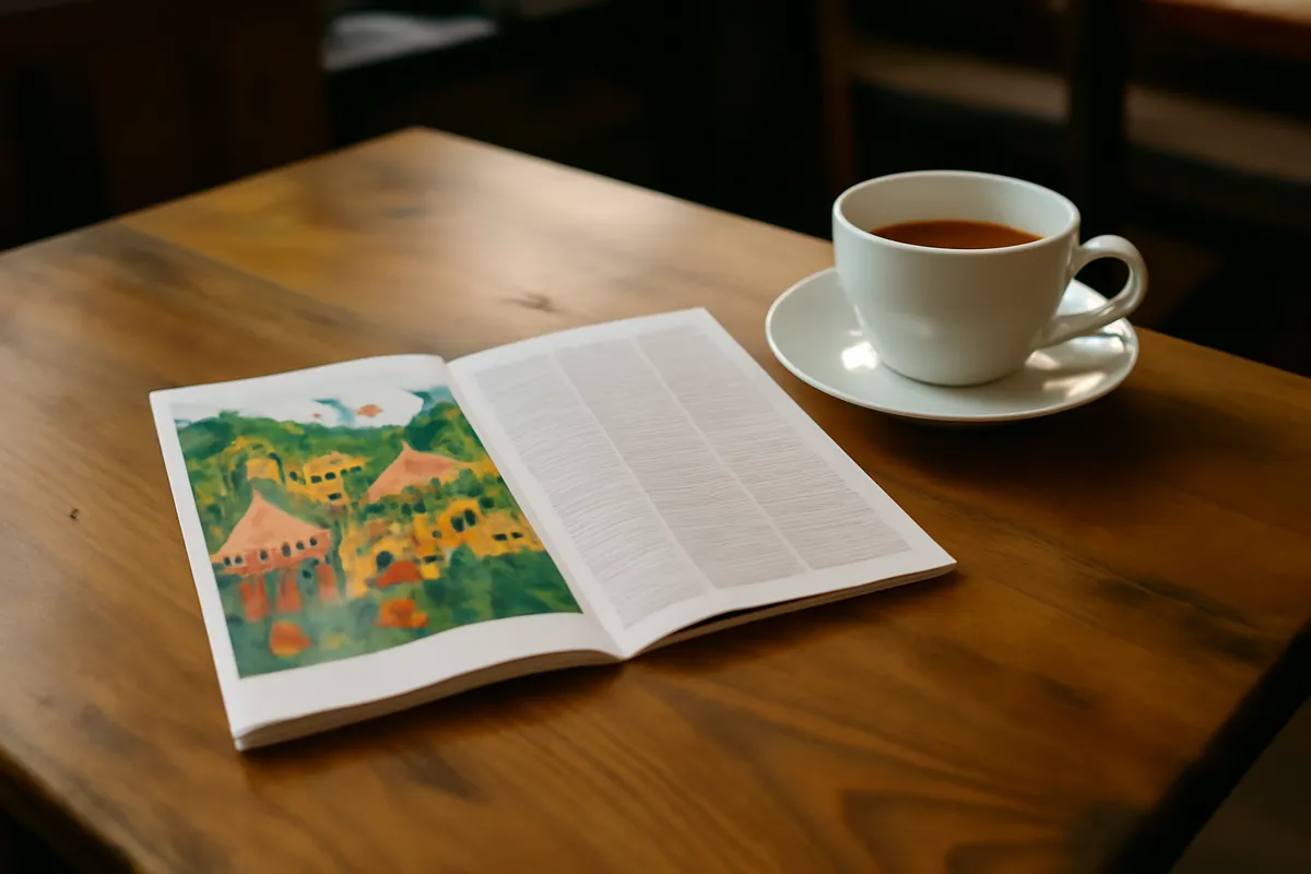 Programme de festival et tasse de thé sur une table de bois dans un café