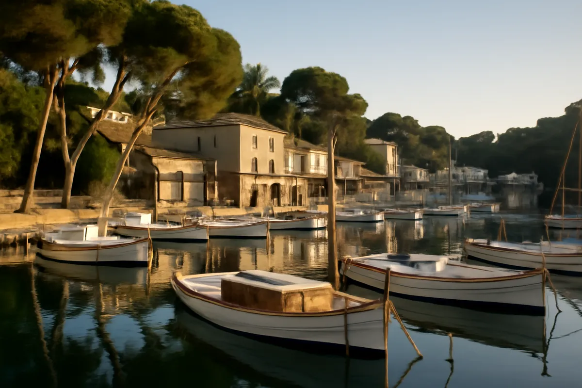 Port méditerranéen aux barques de bois et aux pins dans la lumière du matin