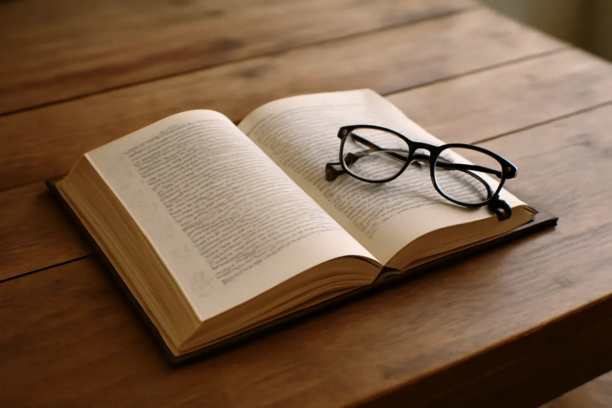 Livre ouvert aux notes manuscrites en marge et lunettes sur une table de bois