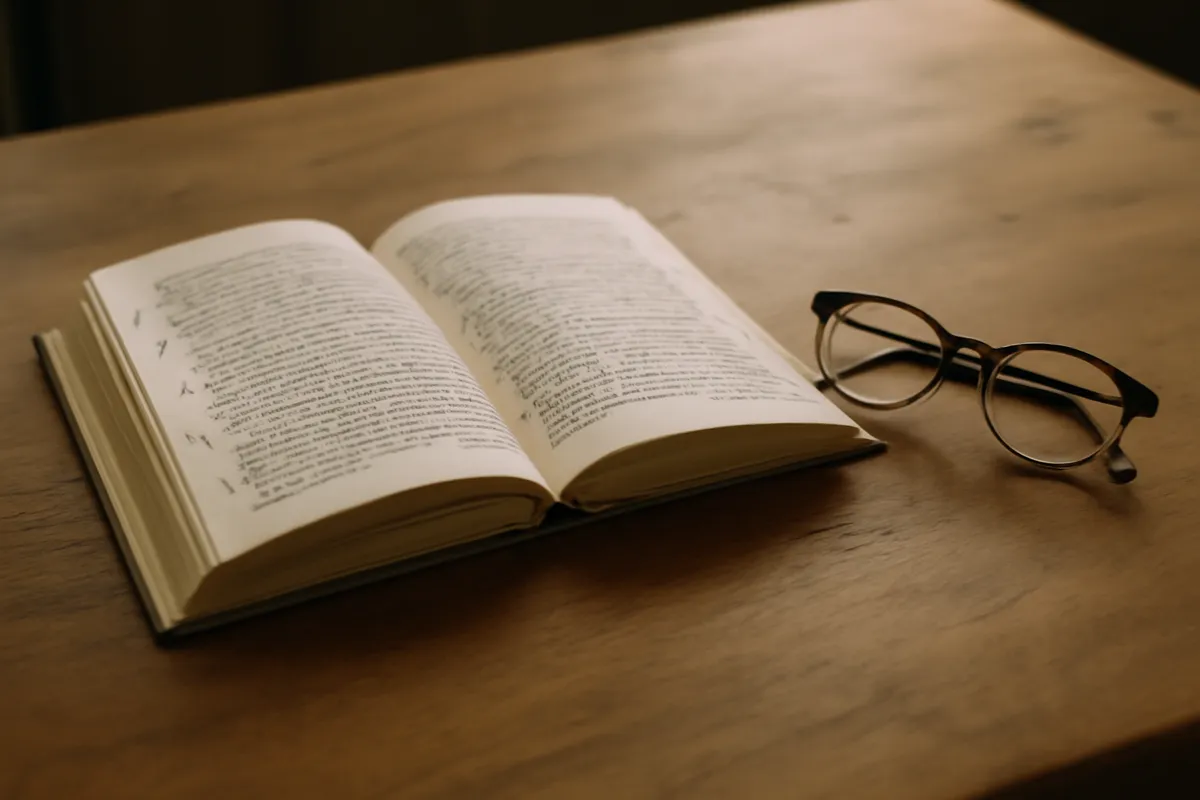 Livre ouvert aux notes manuscrites en marge et lunettes sur une table de bois
