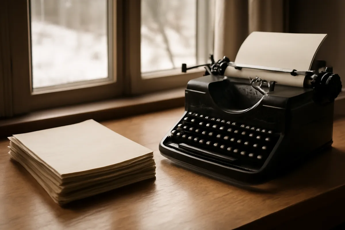 Pile de pages dactylographiées et machine à écrire sur un bureau, lumière d'hiver