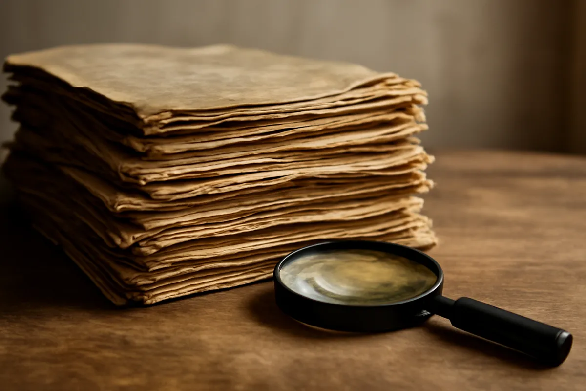 Pile de journaux anciens jaunis et loupe sur une table
