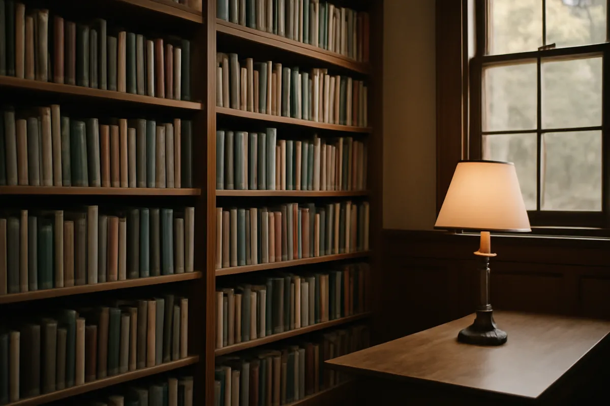 Rayonnages de livres en bois dans une bibliothèque calme avec lampe de lecture