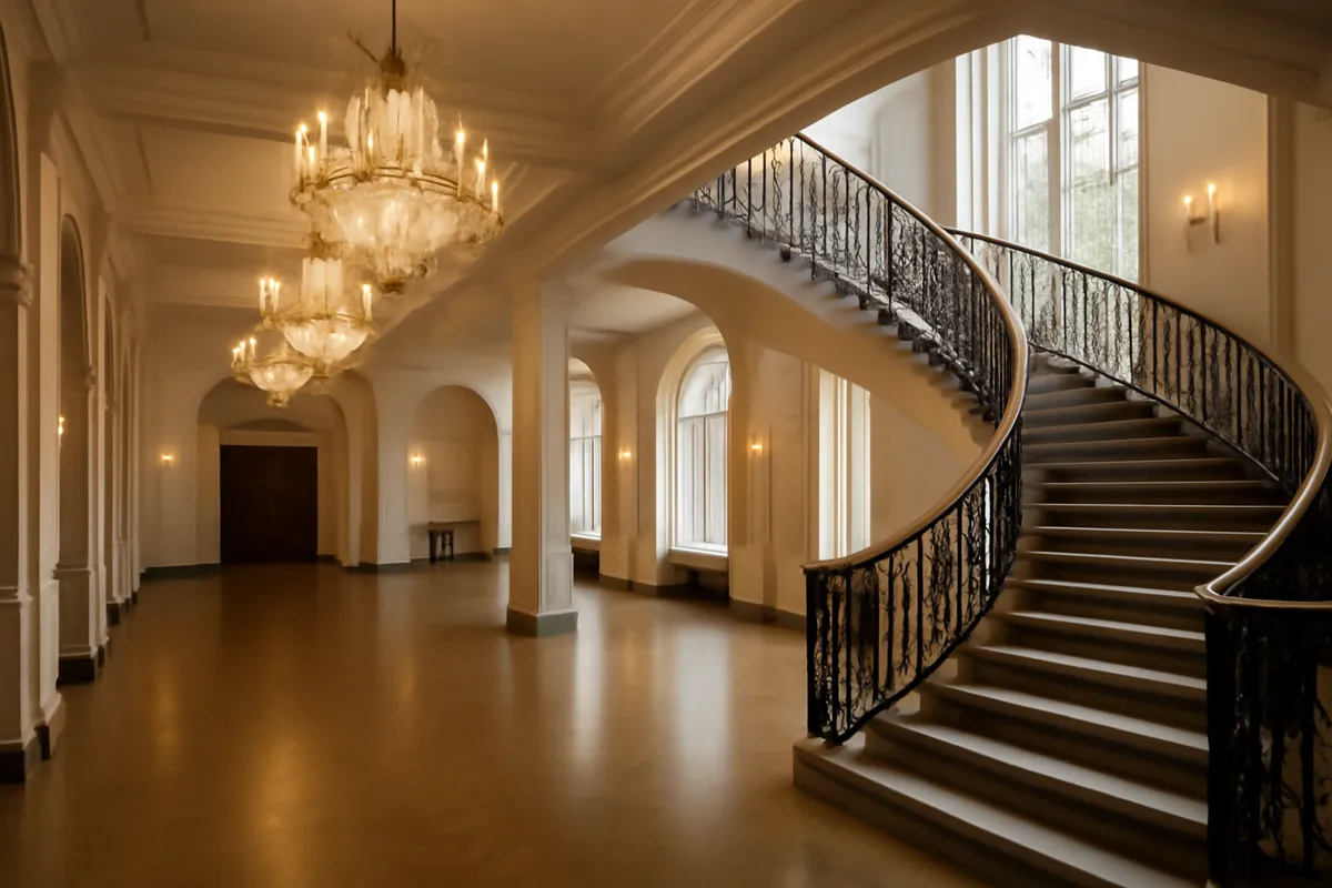 Foyer de salle de concert aux lustres élégants et à l'escalier, vide