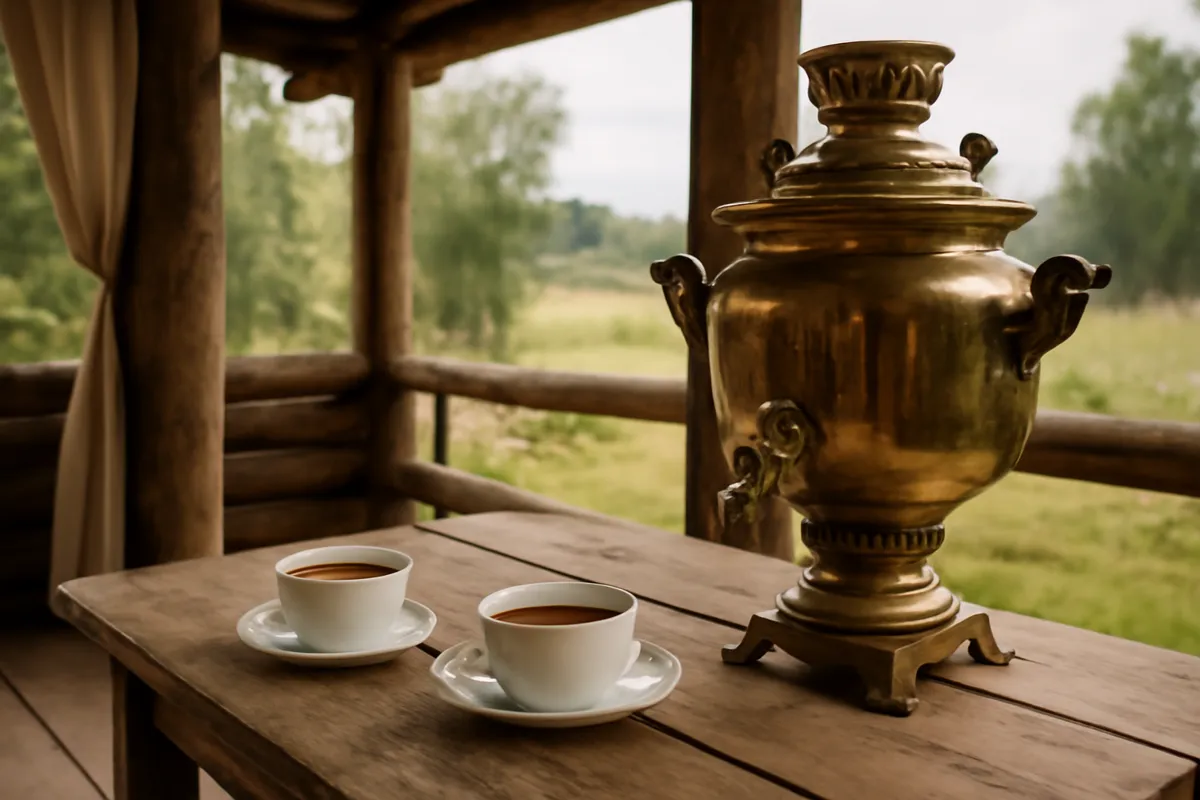 Samovar et tasses de thé sur une table de véranda rustique