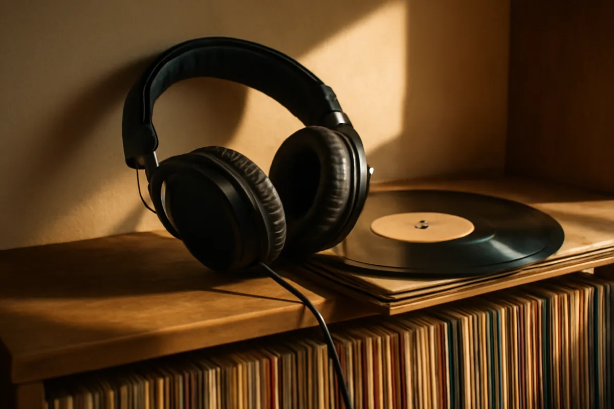 Casque audio et disques vinyles sur une étagère de bois en lumière chaude