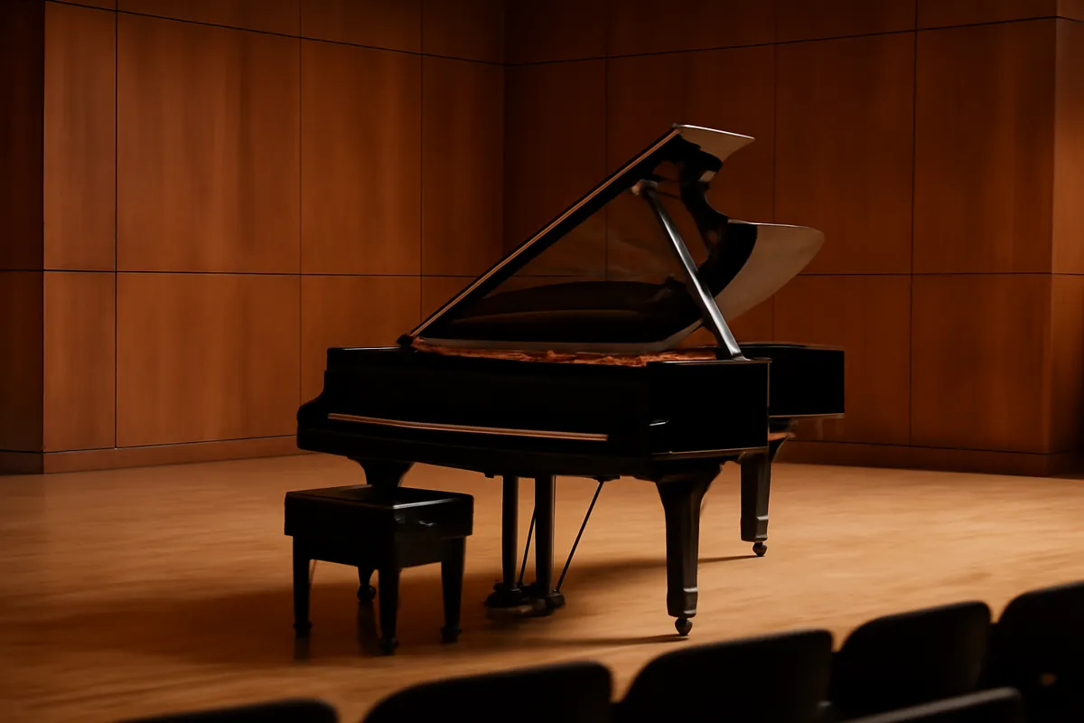 Piano à queue ouvert dans une salle de concert vide aux murs de bois