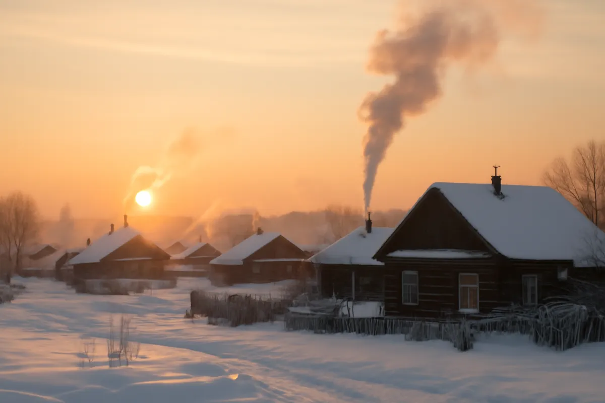Village russe enneigé aux maisons de bois et aux cheminées fumantes à l'aube