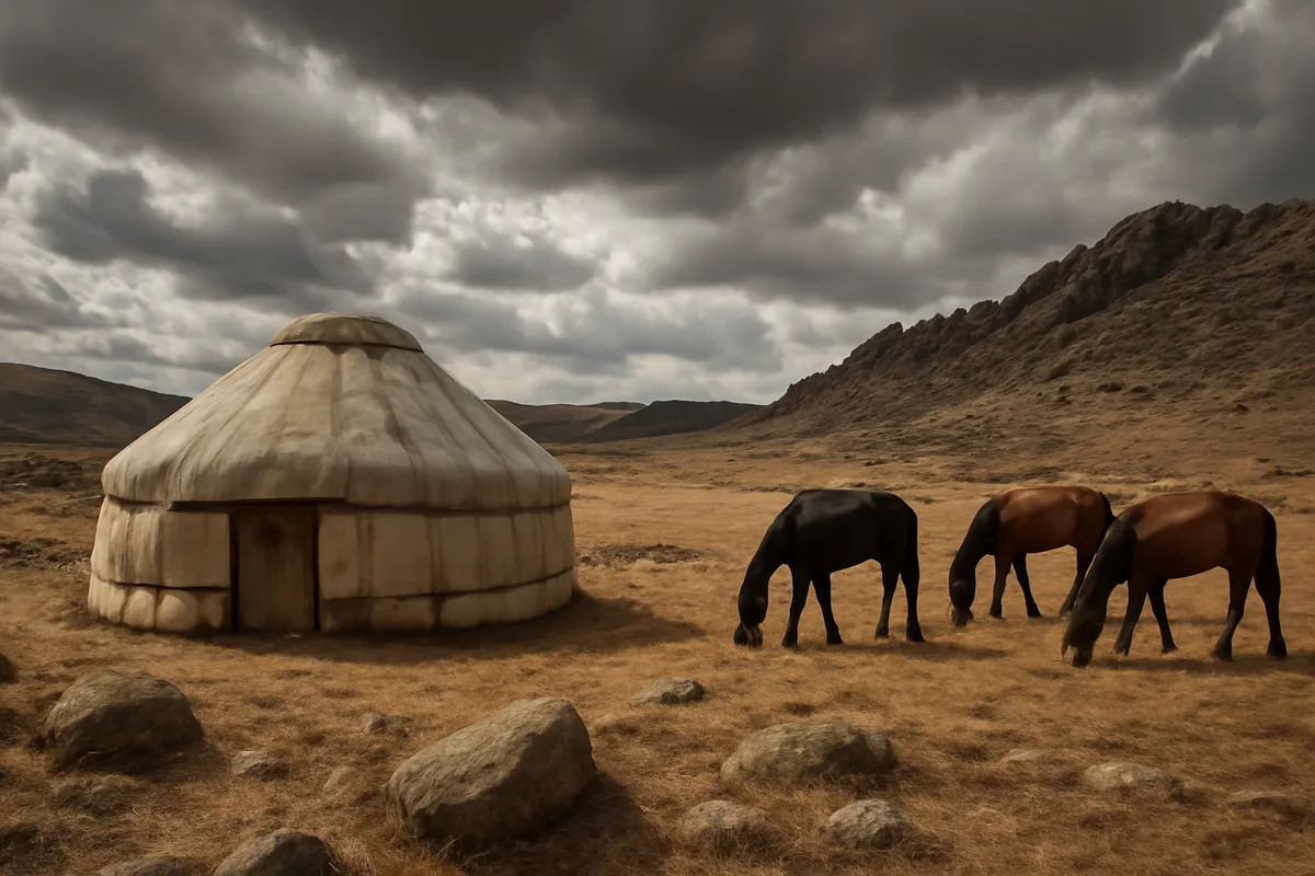Paysage de steppe avec une yourte et des chevaux sous un ciel dramatique