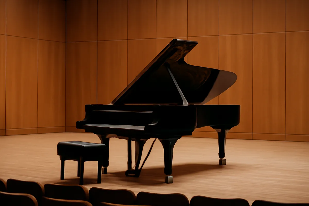 Piano à queue ouvert dans une salle de concert vide aux murs de bois