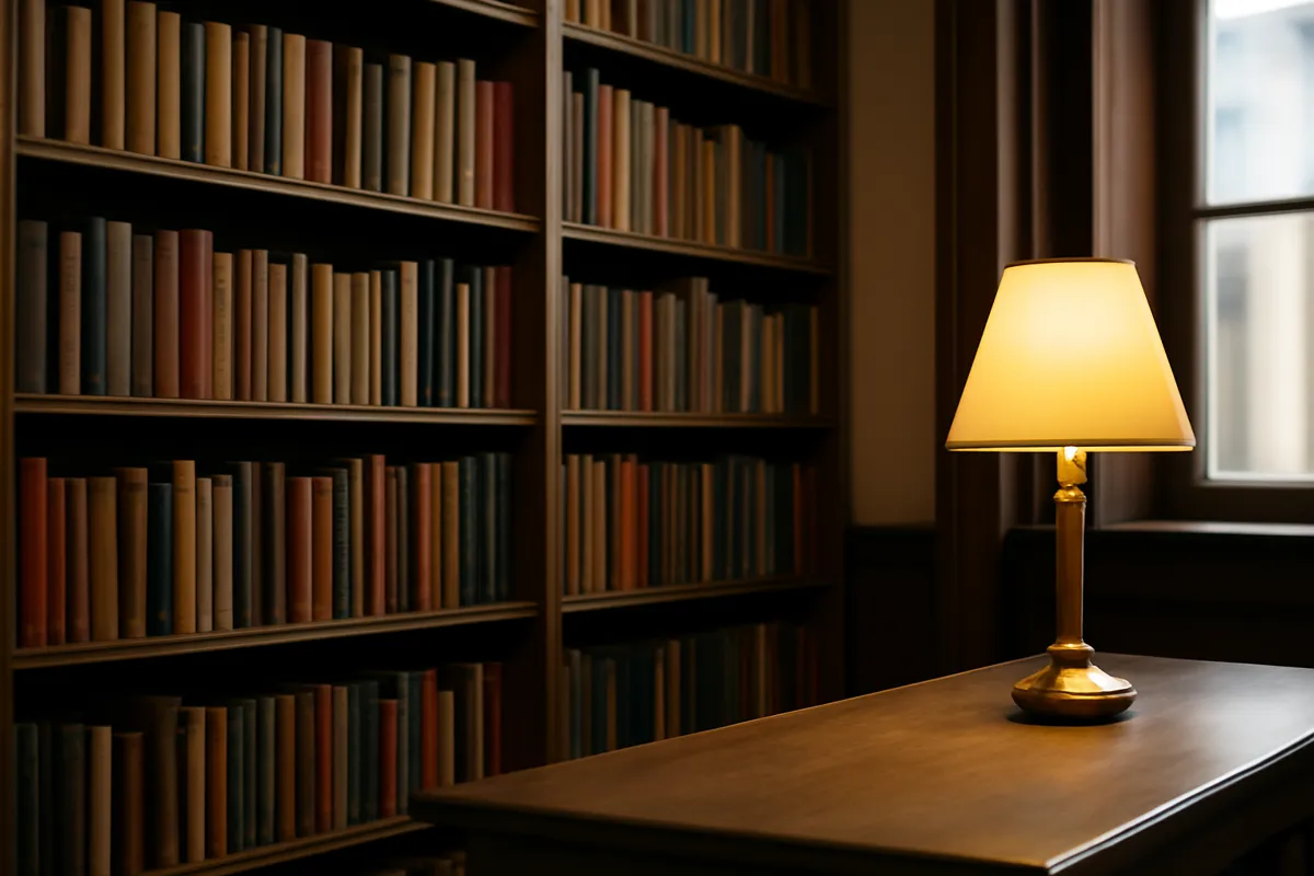 Rayonnages de livres en bois dans une bibliothèque calme avec lampe de lecture
