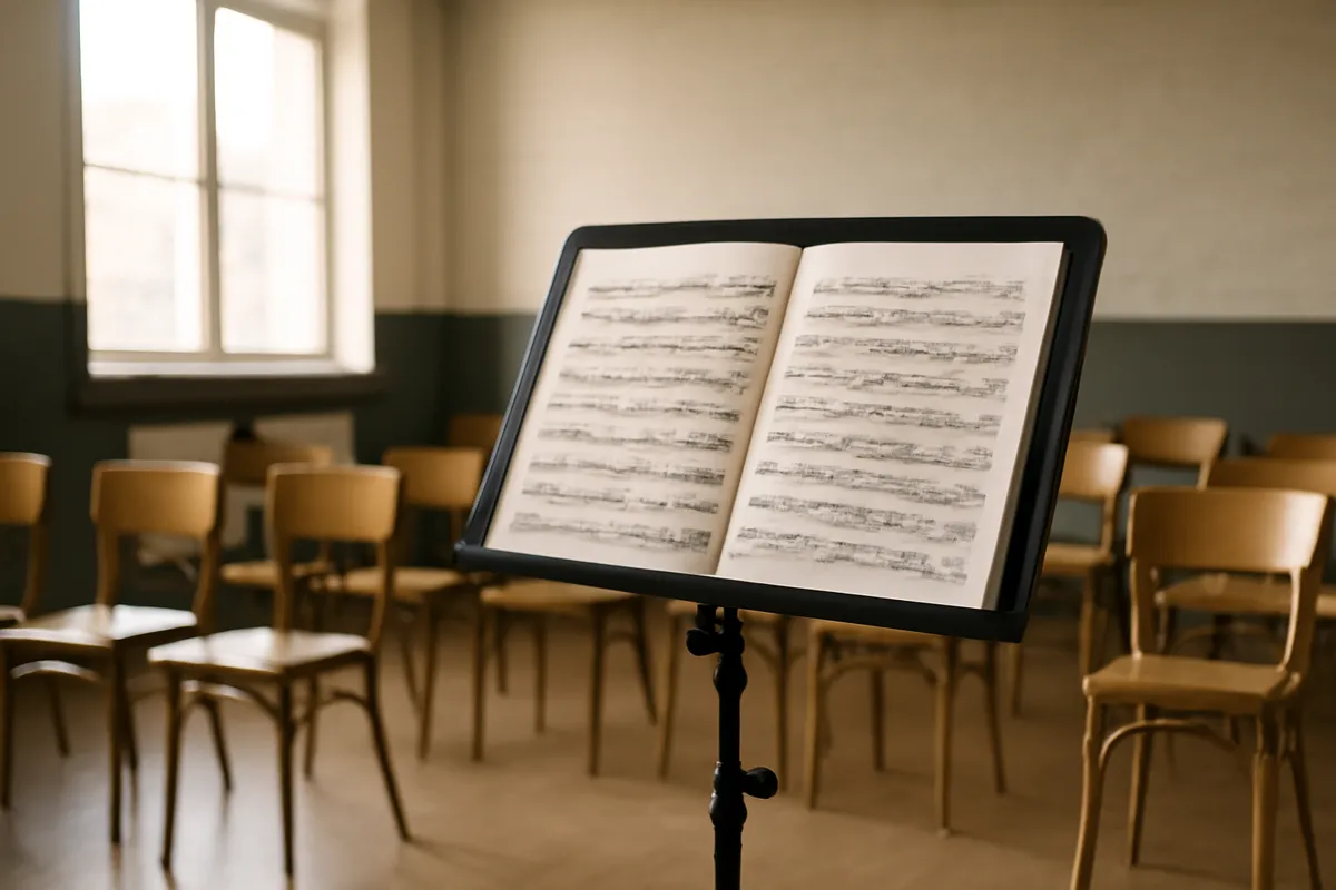 Pupitre avec partition de violon dans une salle de répétition vide
