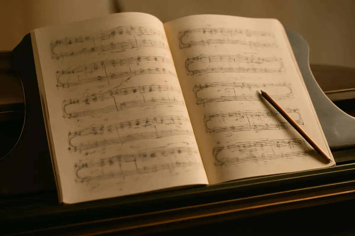 Partition annotée au crayon ouverte sur le pupitre d'un piano