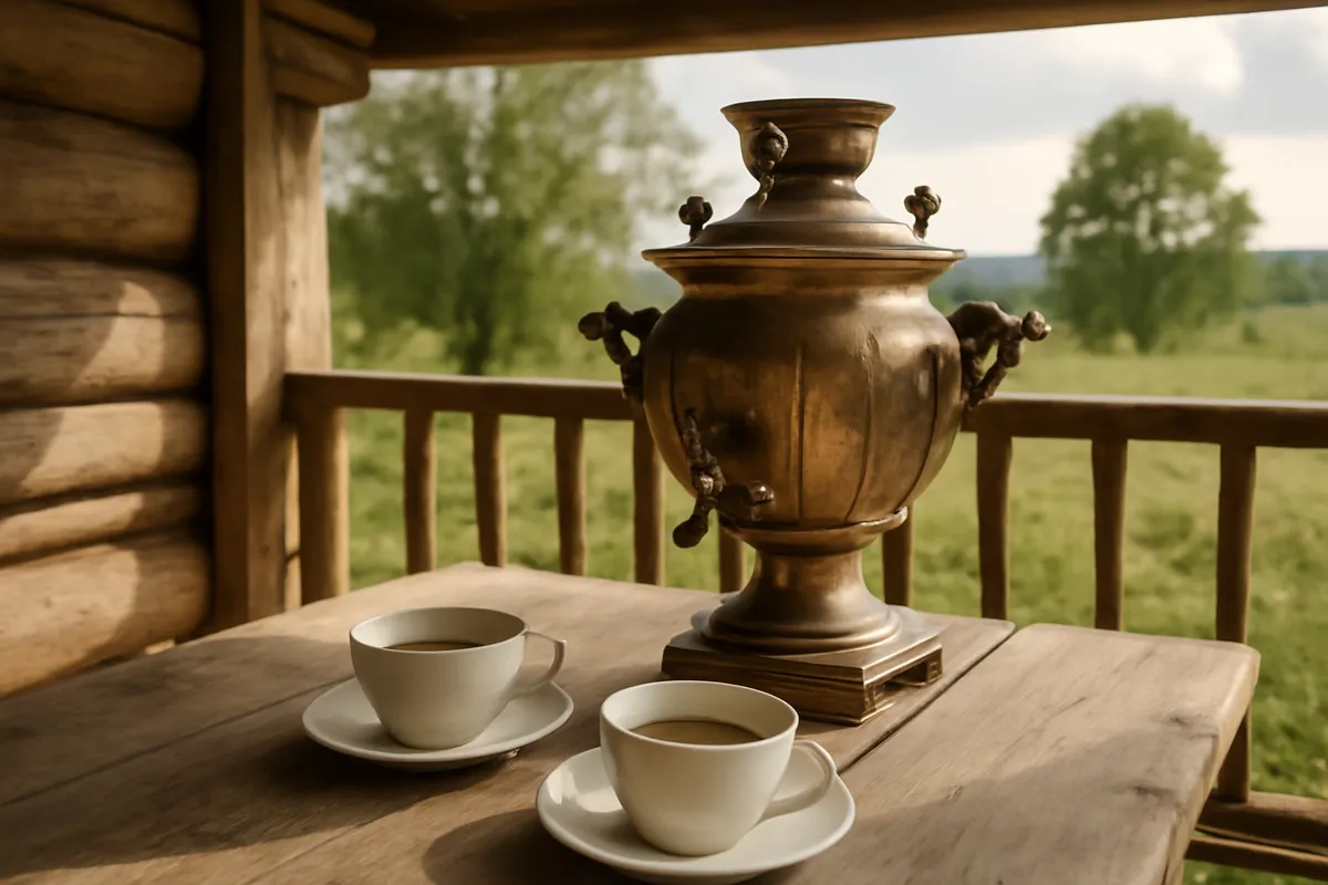 Samovar et tasses de thé sur une table de véranda rustique