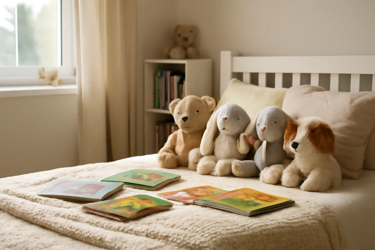 Chambre cosy avec livres et peluches sur un lit
