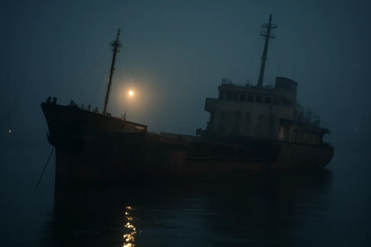 Épave de cargo rouillée dans un port brumeux la nuit éclairée d'un seul lampadaire
