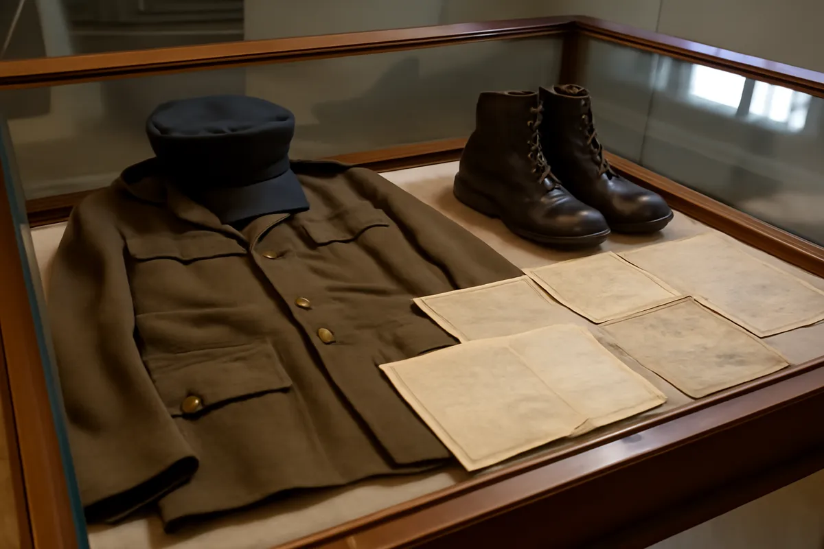 Vitrine de musée avec uniformes anciens et documents historiques
