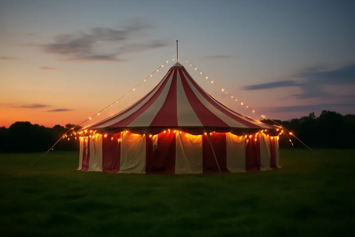 Chapiteau rayé au crépuscule avec guirlandes lumineuses dans un champ vert