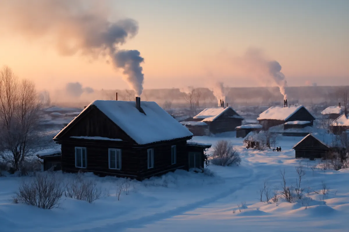 Village russe enneigé aux maisons de bois et aux cheminées fumantes à l'aube
