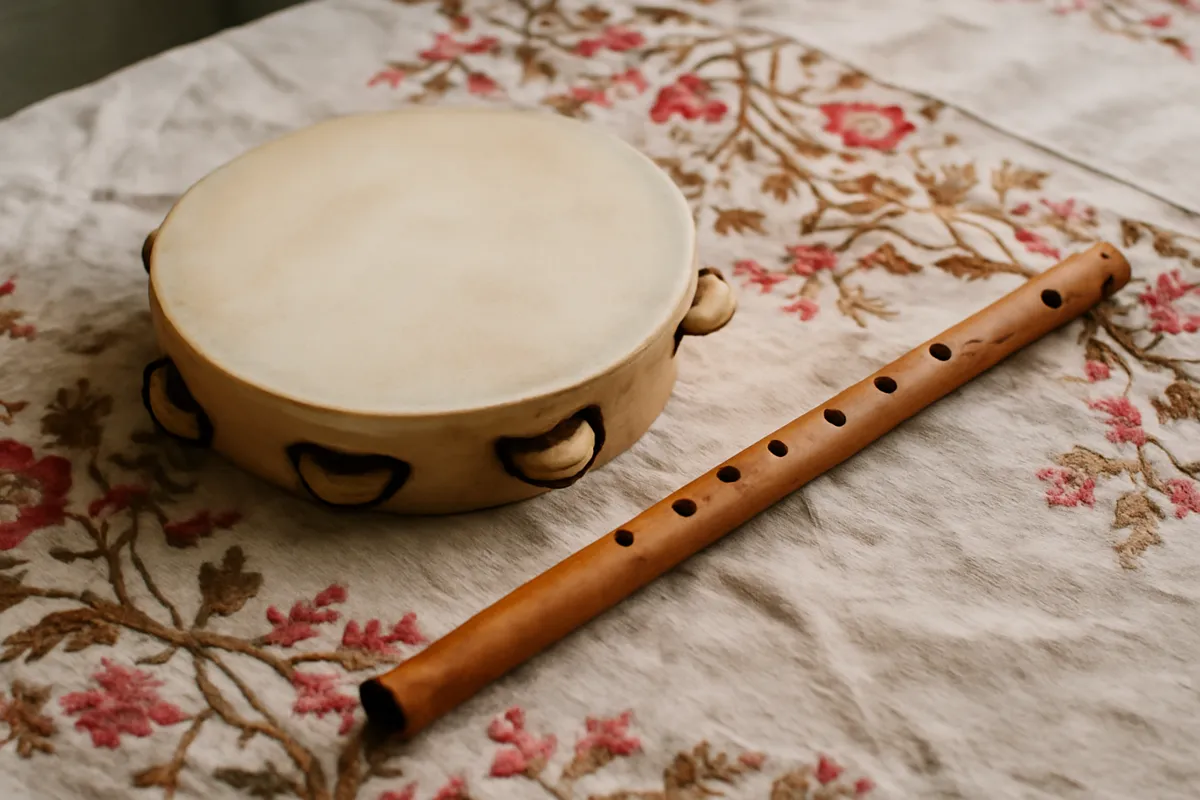 Tambourin et flûte de bois sur une nappe brodée