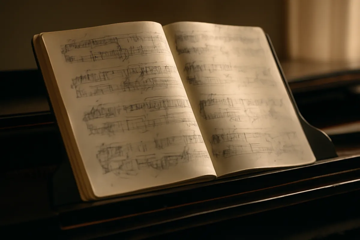 Partition annotée au crayon ouverte sur le pupitre d'un piano