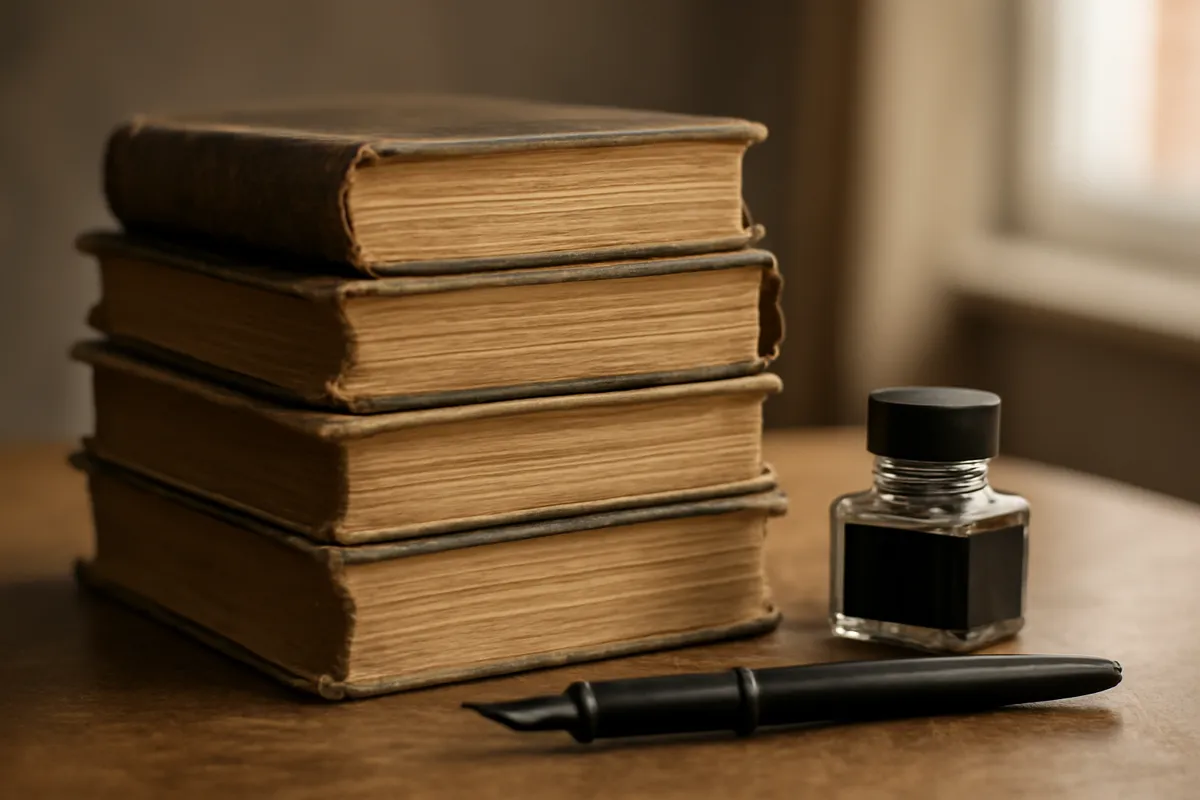 Pile de vieux livres reliés, plume et encrier sur un bureau