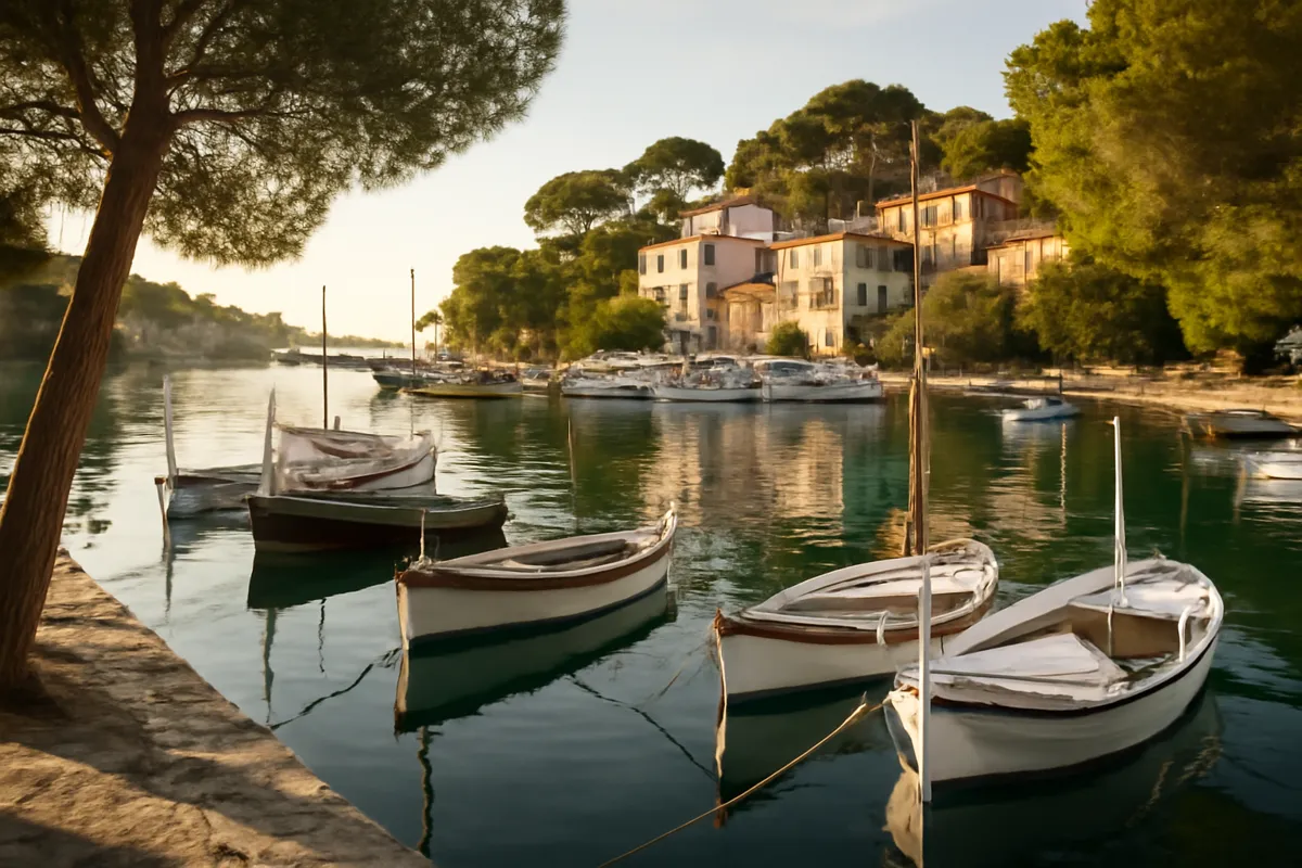 Port méditerranéen aux barques de bois et aux pins dans la lumière du matin