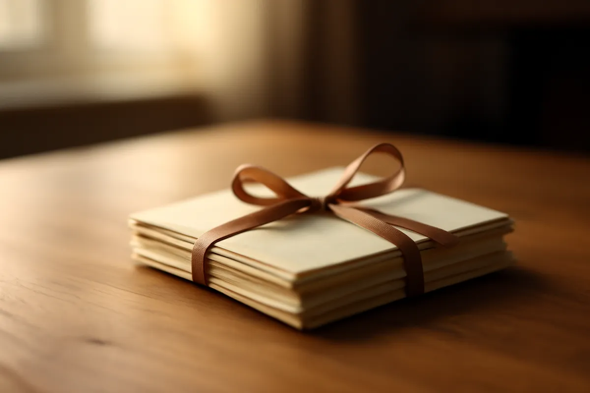 Petite liasse de lettres nouée d'un ruban sur un bureau de bois