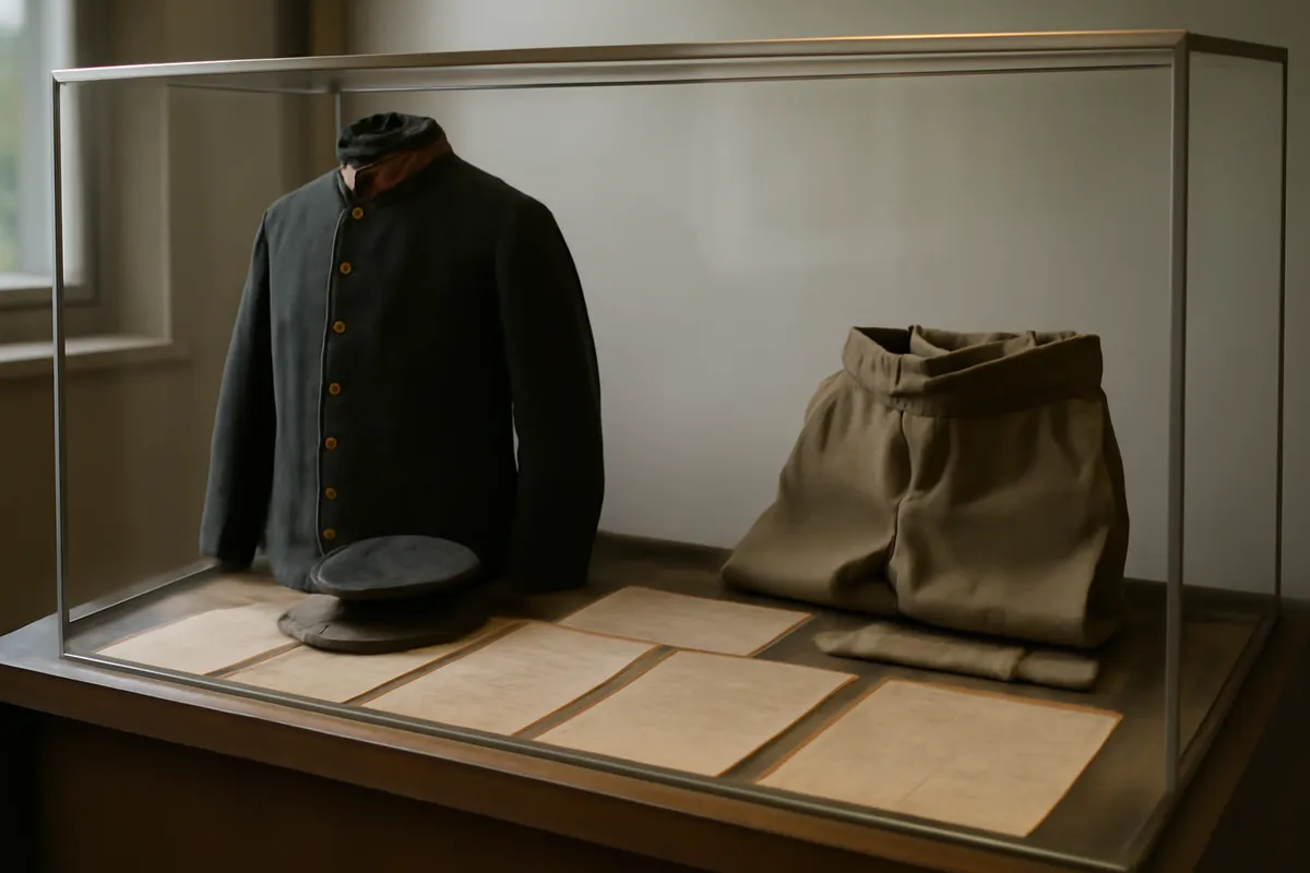 Vitrine de musée avec uniformes anciens et documents historiques