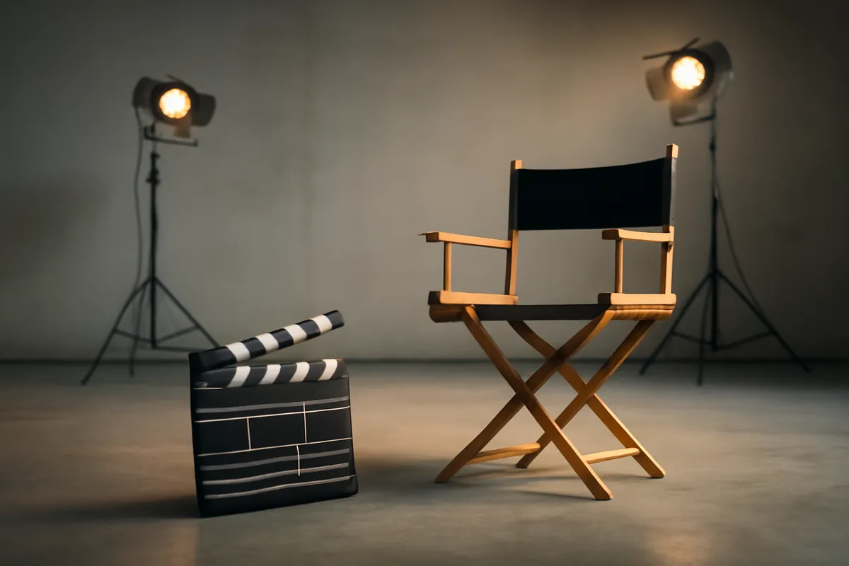 Clap de cinéma et fauteuil de réalisateur sur un plateau vide éclairé de projecteurs