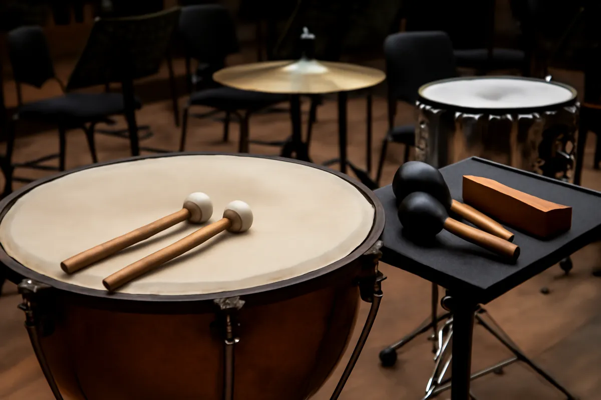 Gros plan de timbales et d'instruments à percussion sur une scène de concert
