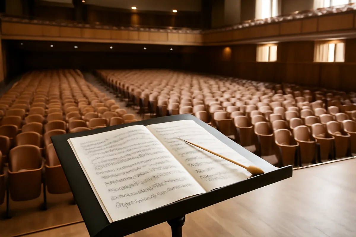 Baguette de chef et partition sur un pupitre dans une salle de concert vide