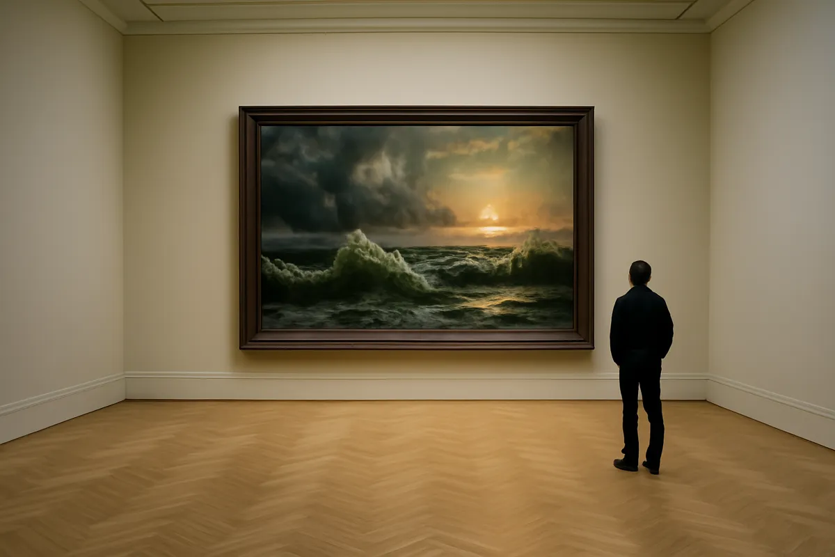 Grande marine à l'huile représentant une mer déchaînée, accrochée dans une salle de musée au parquet clair, un visiteur vu de dos