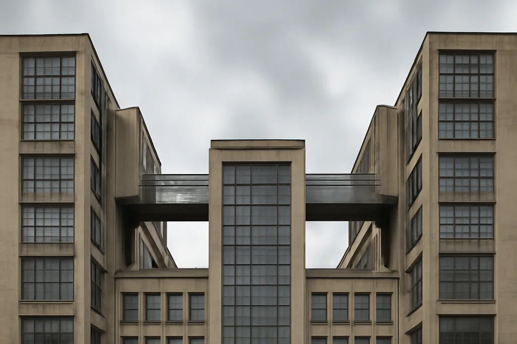 Façade géométrique en verre et béton d'un immeuble administratif constructiviste avec passerelles suspendues
