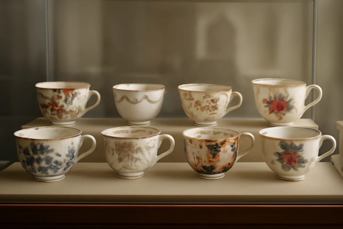 Collection de tasses en porcelaine ancienne sur une étagère de musée sous une lumière douce