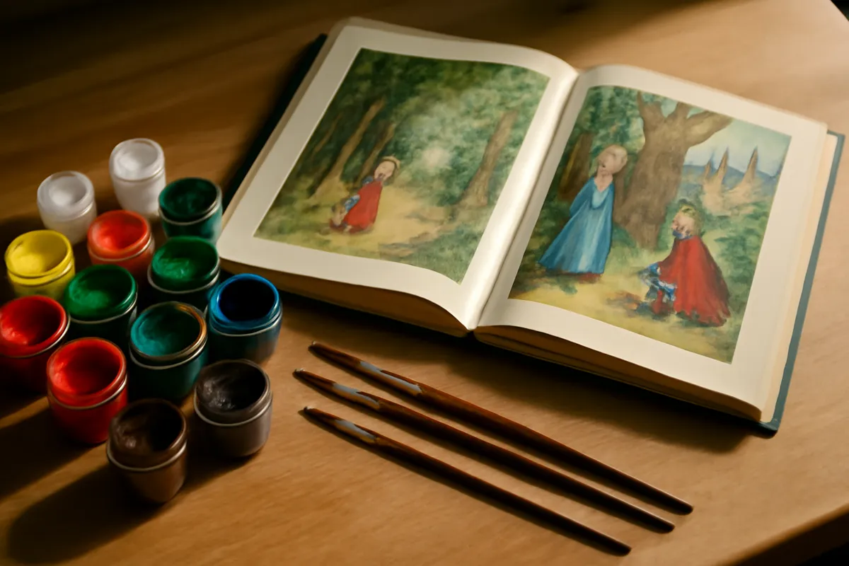Gouaches et fins pinceaux près d'un livre de contes illustré ouvert