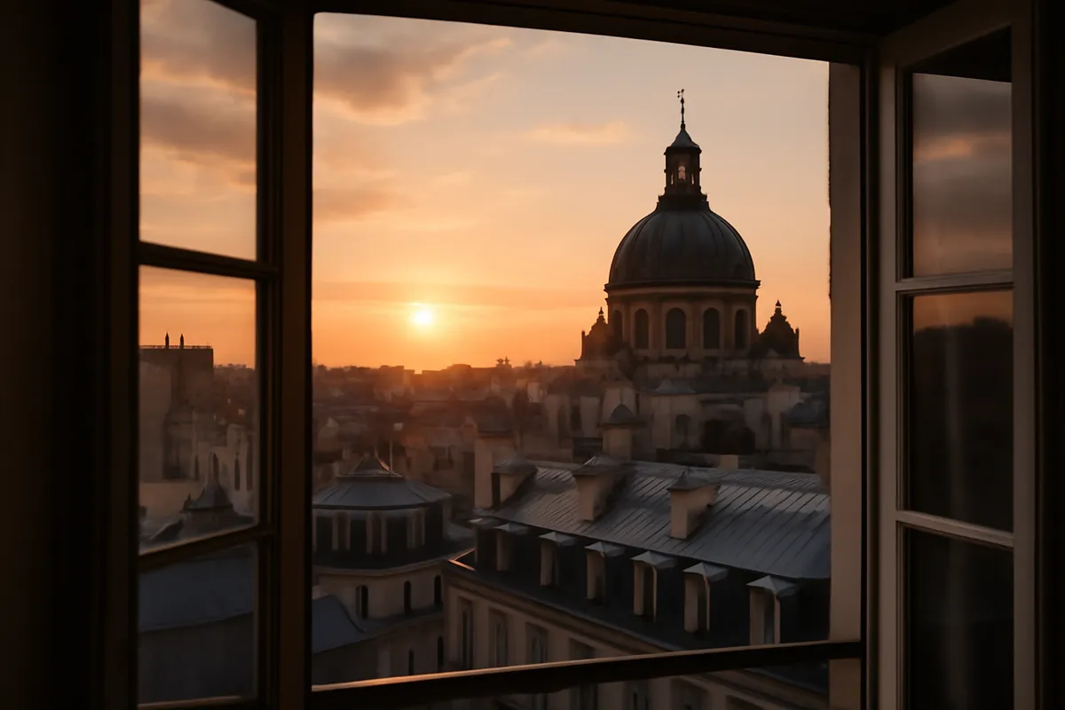 Toits de Paris et dôme d'église au coucher du soleil vus d'une haute fenêtre