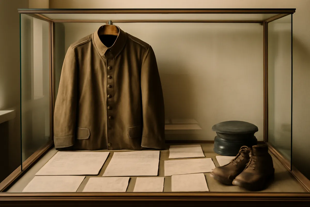 Vitrine de musée avec uniformes anciens et documents historiques